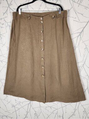 Beige Tan 55% Linen Blend Button Front Midi Skirt